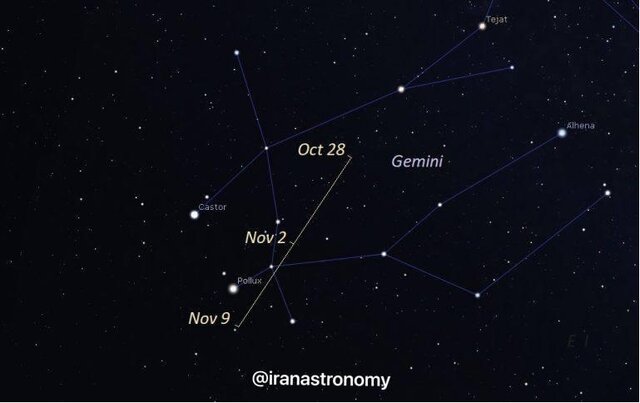 موقعیت این دنباله‌دار در آسمان این شبها در صورت فلکی دو پیکر (Gemini)