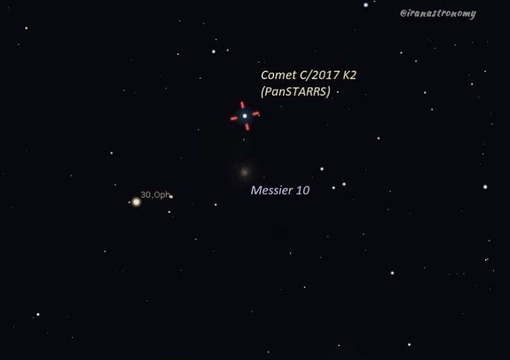 موقعیت دنباله دار K2، شبانگاه پنجشنبه ۲۳ تیر ۱۴۰۱ - در کمترین فاصله با زمین
