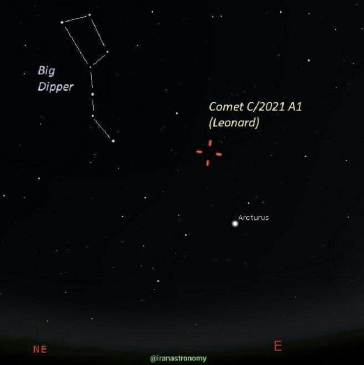 موقعیت دنباله دار لئونارد در بامداد پنجشنبه ۱۰ آذر ۱۴۰۰، حدود ۹۰ دقیقه قبل از طلوع خورشید