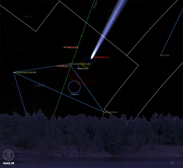  چشم‌انداز به سمت شرق قبل از طلوع صبح ۲۳ نوامبر. به دنباله‌دار2P/Encke در همان نزدیکی هم دقت کنید! (تهیه‌شده به‌دست نگارنده با استفاده از نرم‌افزار استاری‌نایت)