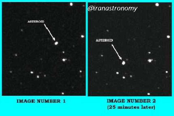 دو تصویر متوالی از پهنه‌ی آسمان که در آن حرکت یک سیارک نسبت به بقیه‌ی اجرام زمینه مشهود است؛ امتیاز تصویر: www3.gettysburg.edu
