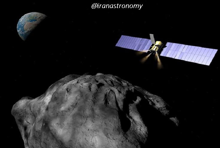 عکسی مفهومی و غیرواقعی از نزدیک شدن یک فضاپیما به سیارکی که در مسیر برخورد به زمین است همراه با منحرف کردن سیارک از مدار قبلی اش بوسیله‌ گرانش (Gravity tractor)؛ امتیاز تصویر: Neoshield.eu