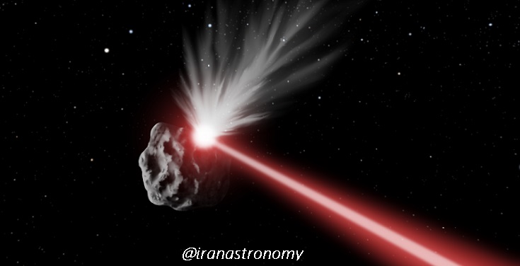 عکسی ساختگی از تاباندن لیزر به سطح سیارک و تغییر مسیر سیارک به دلیل فشار حاصل از خروج مواد تصعید شده به بیرون (Laser Ablation)؛ امتیاز تصویر: phys.org