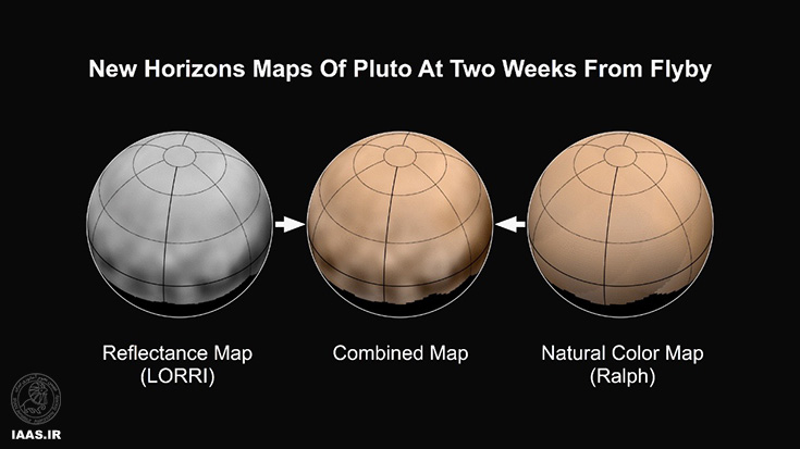 اولین نقشه از پلوتو که با استفاده از داده های LORRI (چپ) و RALPH (راست) تشکیل شده و نشان می دهد که سیاره رنگی قهوه ای-قرمز دارد. اعتبار عکس:  NASA/Johns Hopkins University Applied Physics Laboratory/Southwest Research Institute