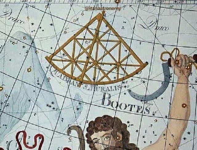 تصویری از صورت فلکی کوادرانت (quadrans muralis) که اکنون از بین رفته و بارش Quadrantids باتوجه به آن نامگذاری شده است (اعتبار تصویر از اطلس Coelestis)